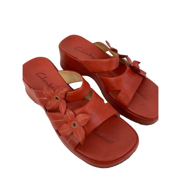 Rare VTG Clarks Red Leather Floral Sandals Size 6B SAMPLE 34477 Square Toe 7951 - Picture 2 of 9